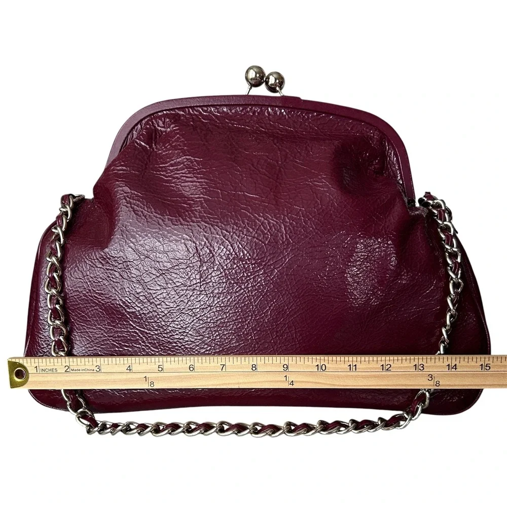 Charles David Burgundy Patent Leather Large Kiss Lock Frame Clutch Chain Bag Y2K